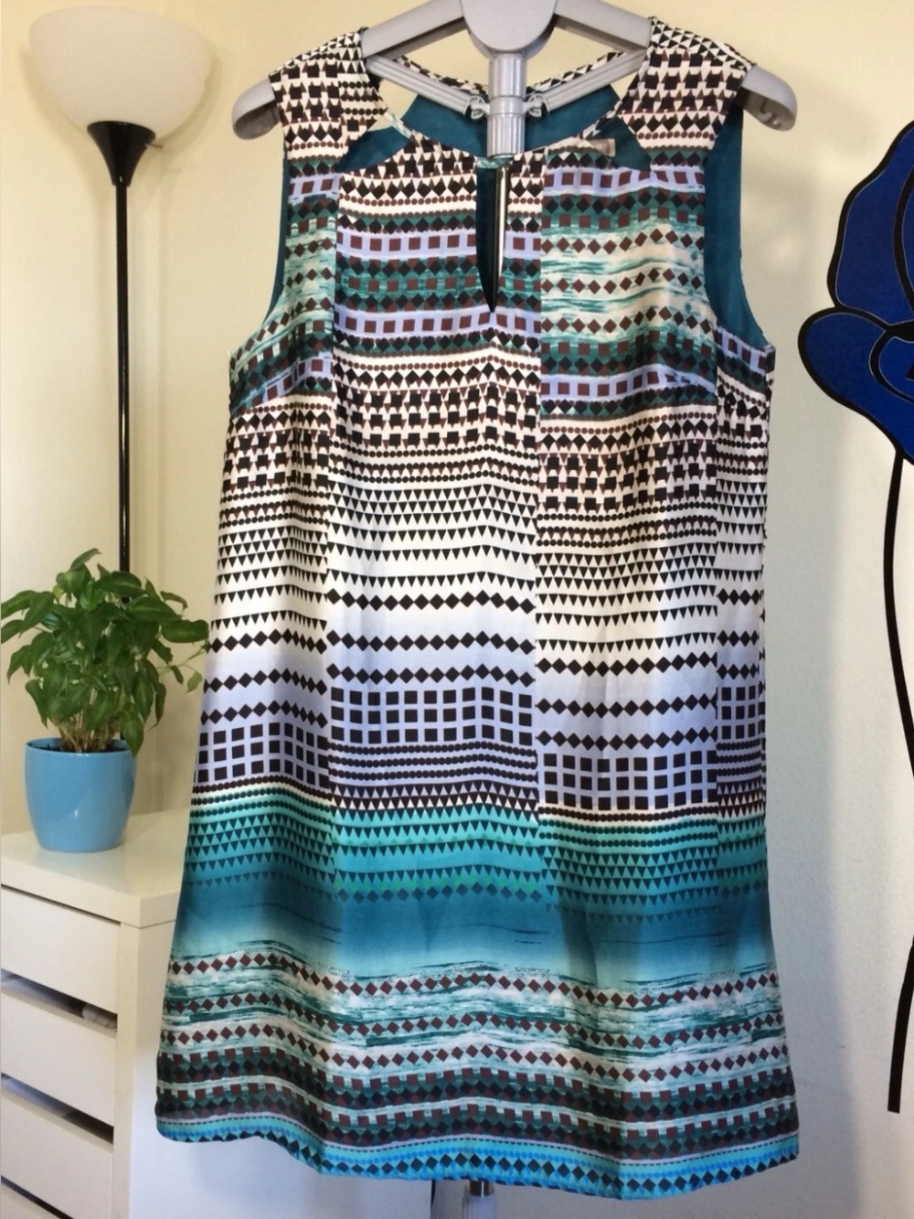 Sleeveless Teal Patterned Shift Dress